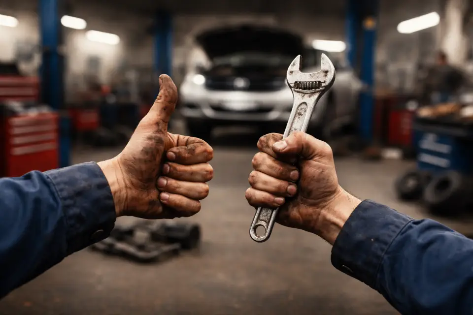 Mechanic thumbs up while holding a large wrench in a car repair shop, car in background, dirty hands and uniform sleeves.