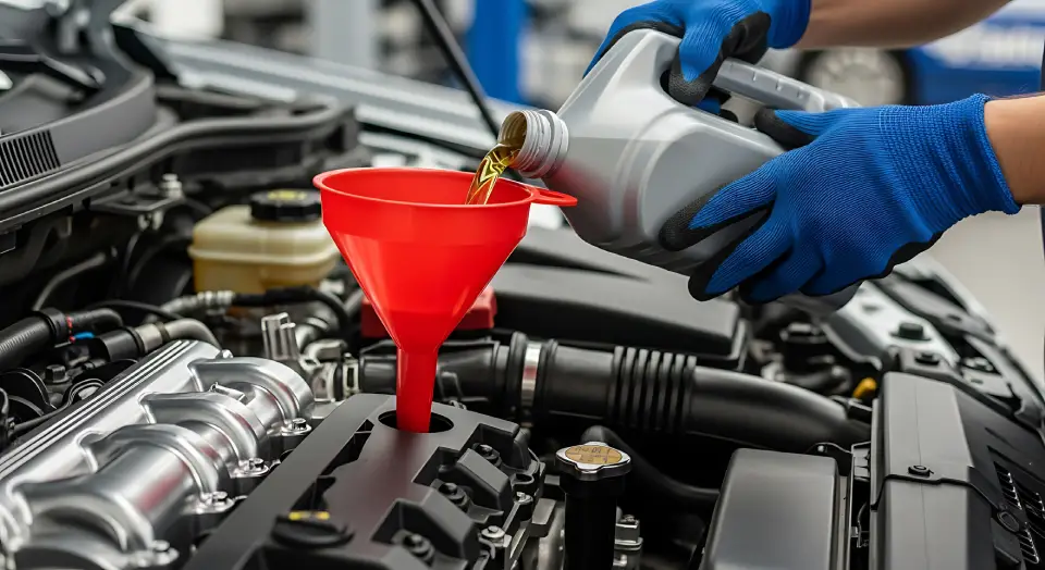 Mechanic wearing blue gloves pours oil into a car engine using a red funnel.